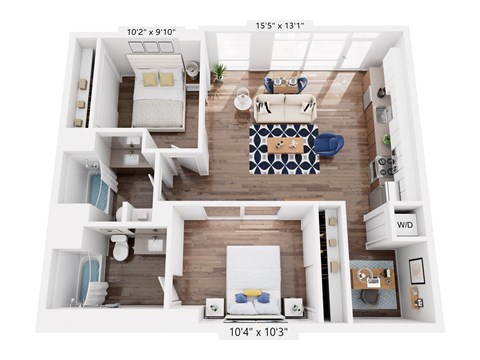 Floor plan for 2 beds, 2 baths, 982 sqft